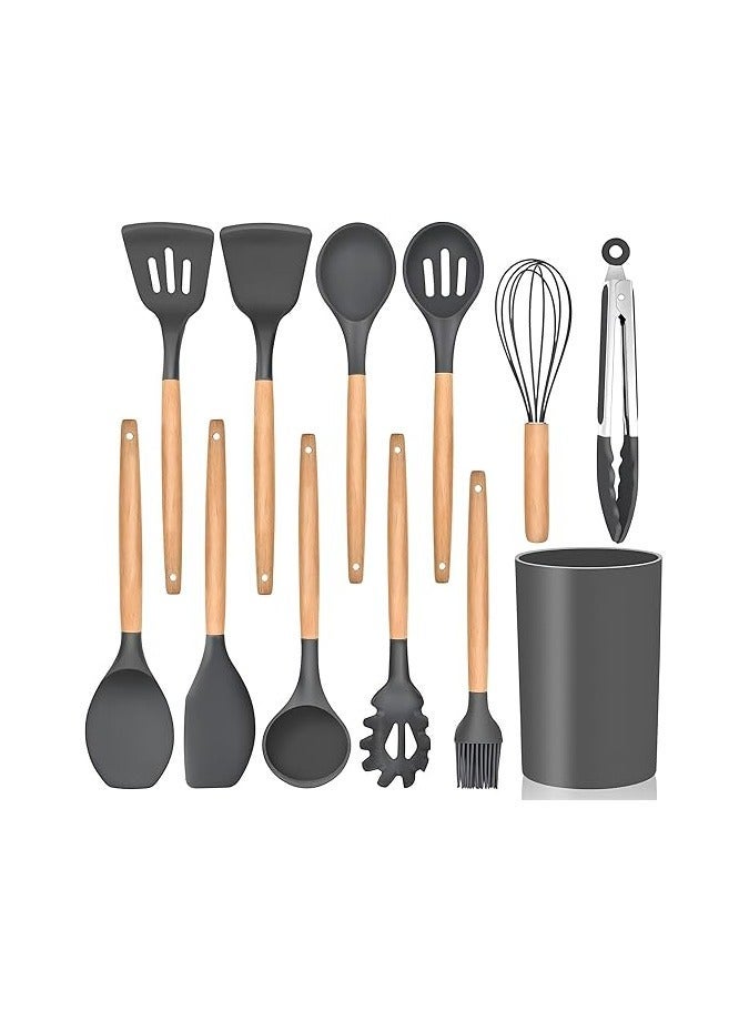 BIG CLICK 12 Pcs Silicone Cooking Utensil Kitchen Set with Organizer Cup Holder, Kitchen Utensils Set with Wood Handles for Nonstick Cookware Set, Great Kitchen Tools - Image 2